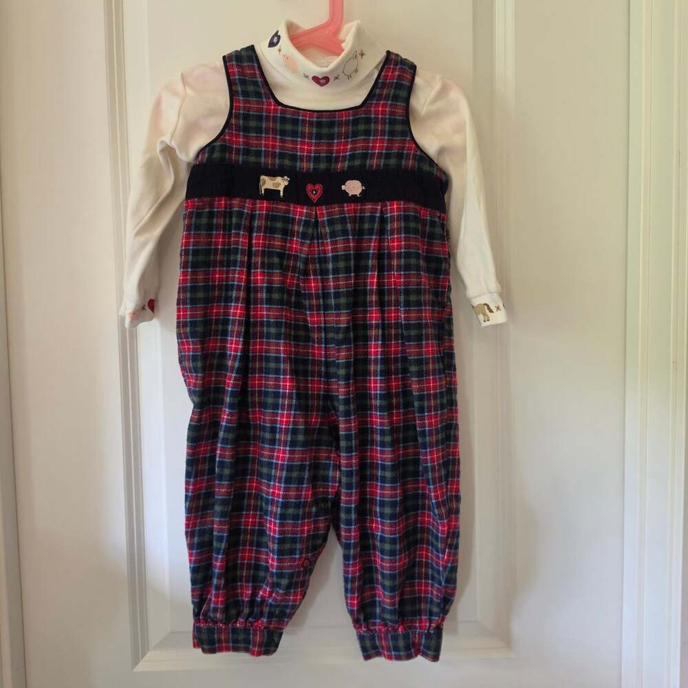 Flourishing Baby 24M Plaid Farm Animal Romper Turtleneck Set 90s